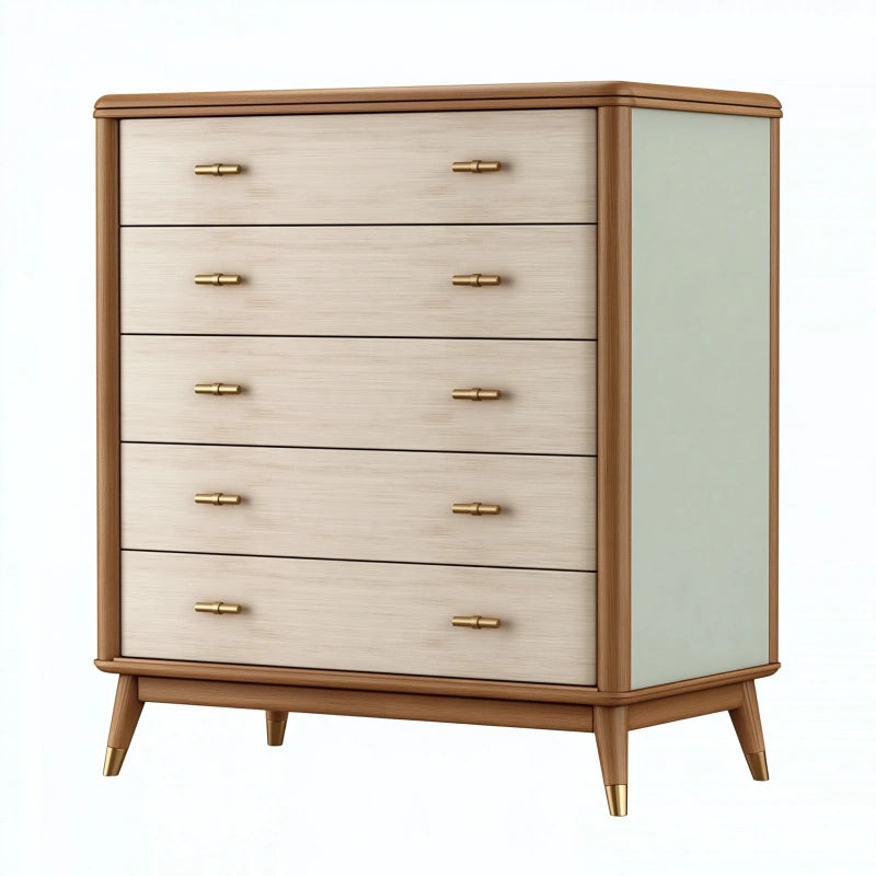 Kommode 90 x 45 x 120 cm aus Holzwerkstoff in Naturbraun und Hellgrün mit 5 Schubladen