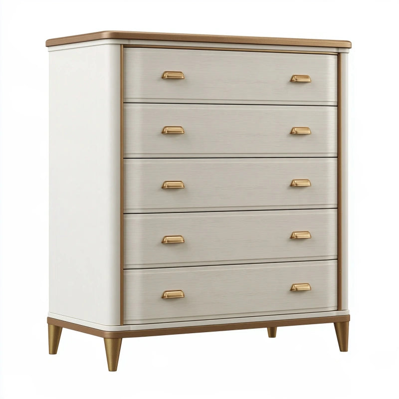 Schubladenkommode 90 x 45 x 115 cm in Weiss/Gold mit fünf Schubladen im klassischen Stil