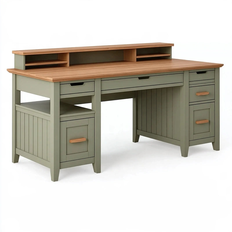 Schreibtisch 160 x 70 x 95 cm aus Holz in Grün/Braun mit Schubladen und Aufsatz