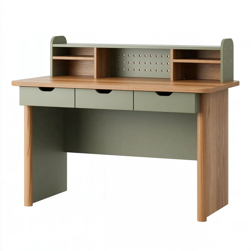 Schreibtisch 120 x 60 cm aus Holzwerkstoff in Naturholz Salbeigrün mit Aufsatz und Schubladen
