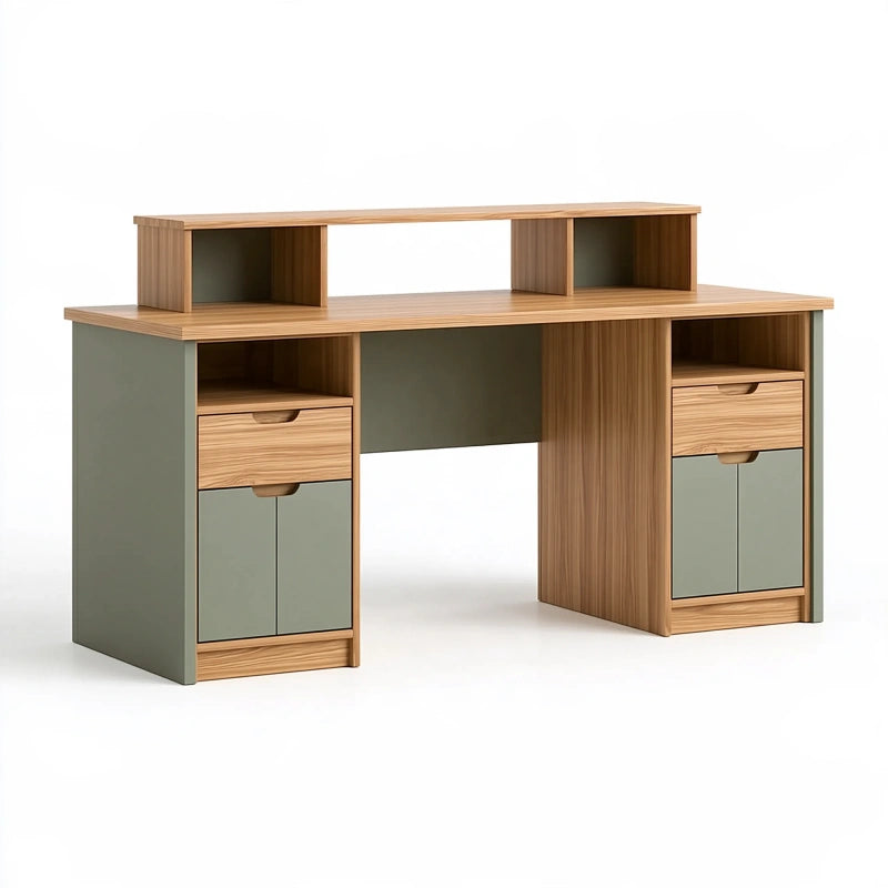Schreibtisch 140 x 60 x 100 cm Holzwerkstoff Naturholz/Salbeigrün mit Stauraum modern
