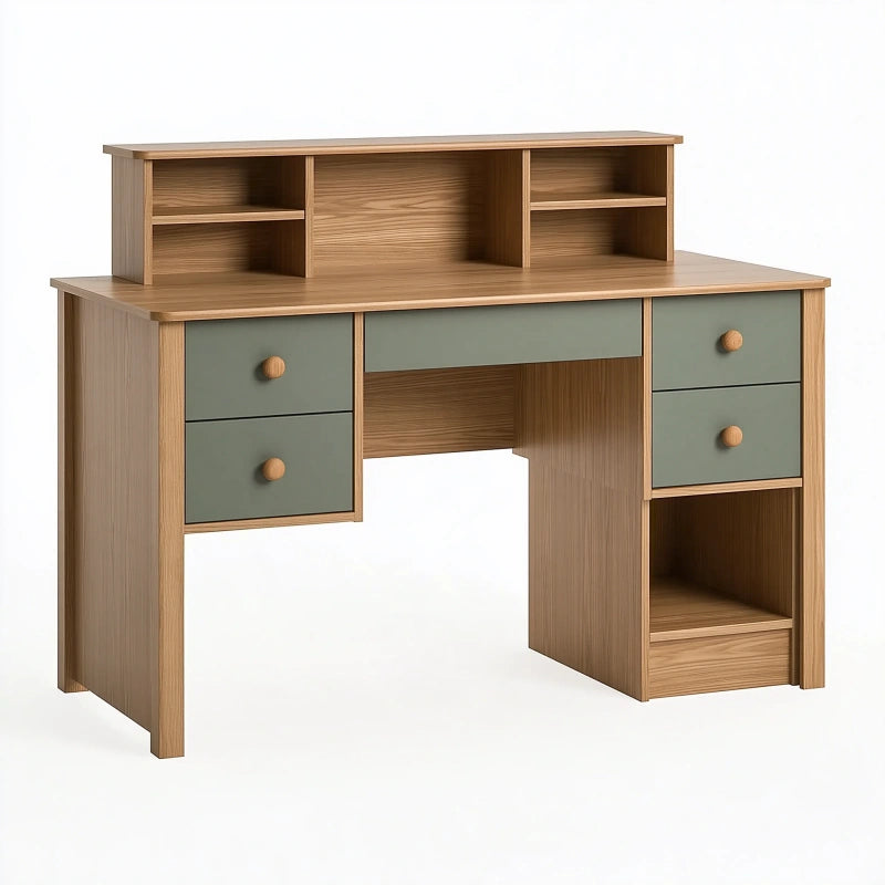 Schreibtisch 120 x 60 x 110 cm Holzwerkstoff Naturgrün mit Schubladen und Aufsatzregal